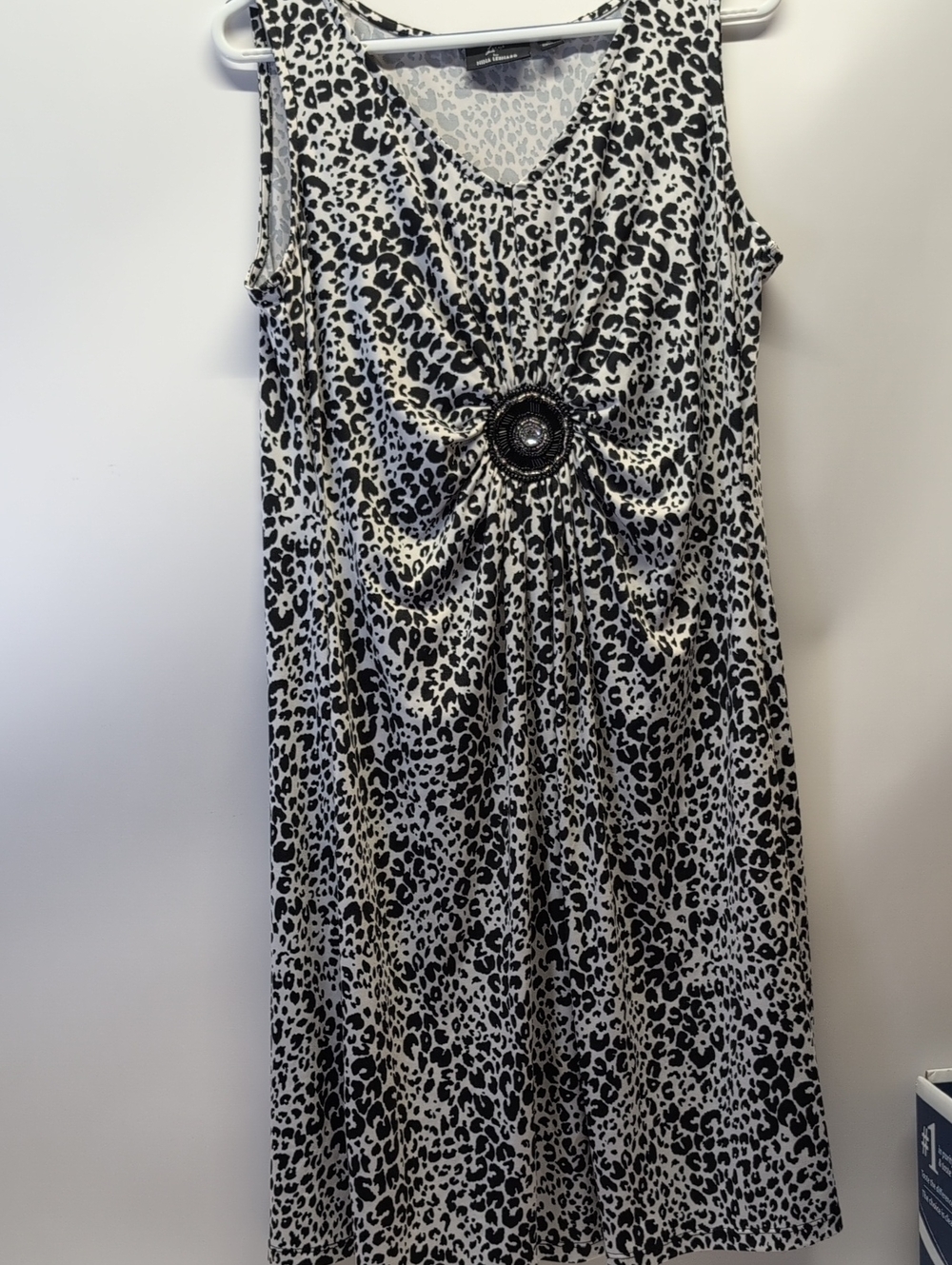 Nina Leonard Black and White Leopard Print Midi Dress with Center Embellishment
